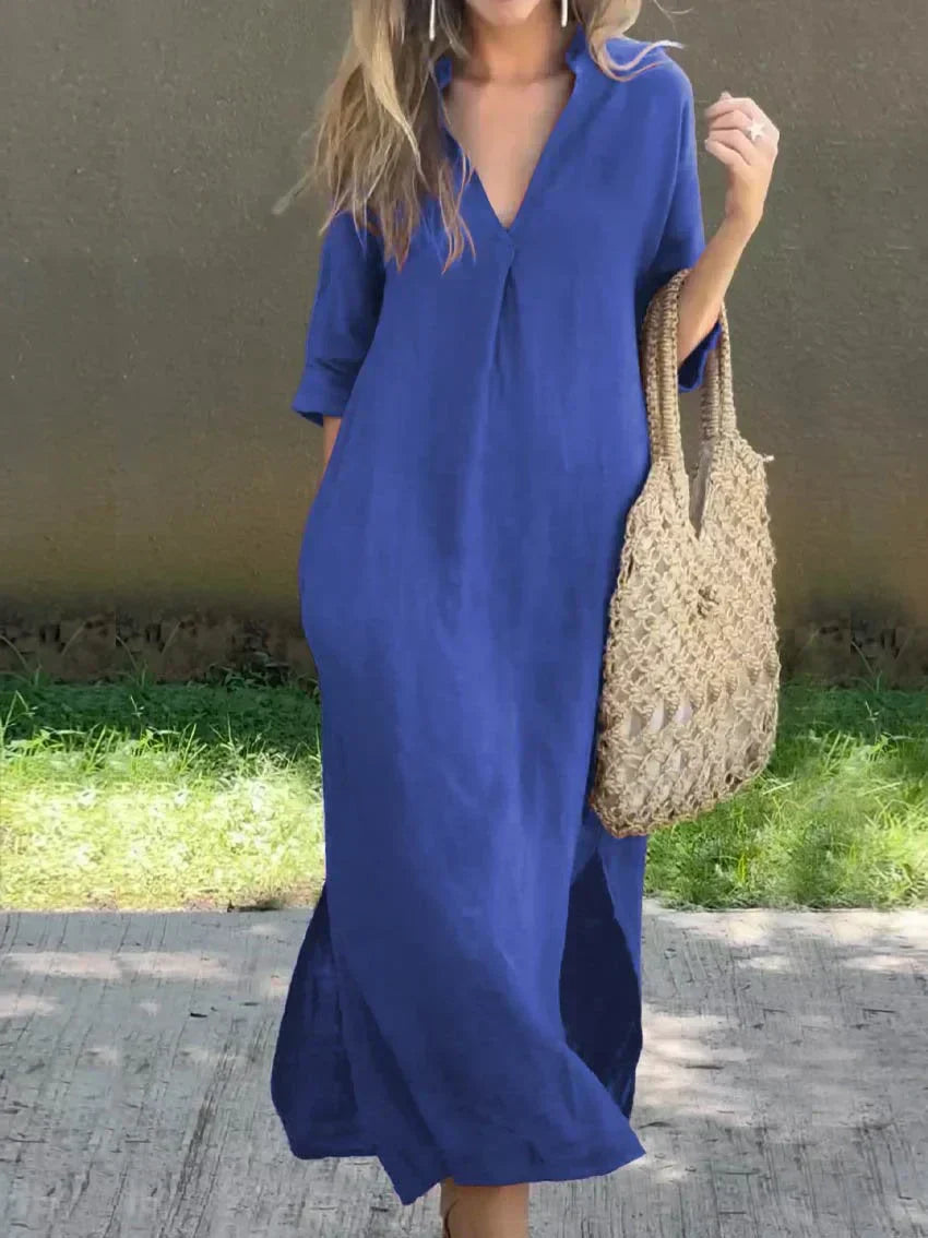 Valenzora | Schlichtes Leinenkleid mit V-Ausschnitt und Tasche
