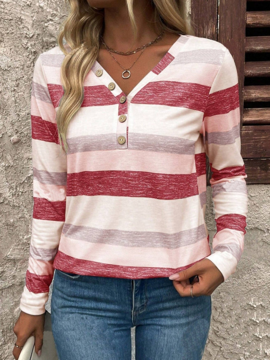 Valenzora | Contrast striped V-neck long-sleeved T-shirt