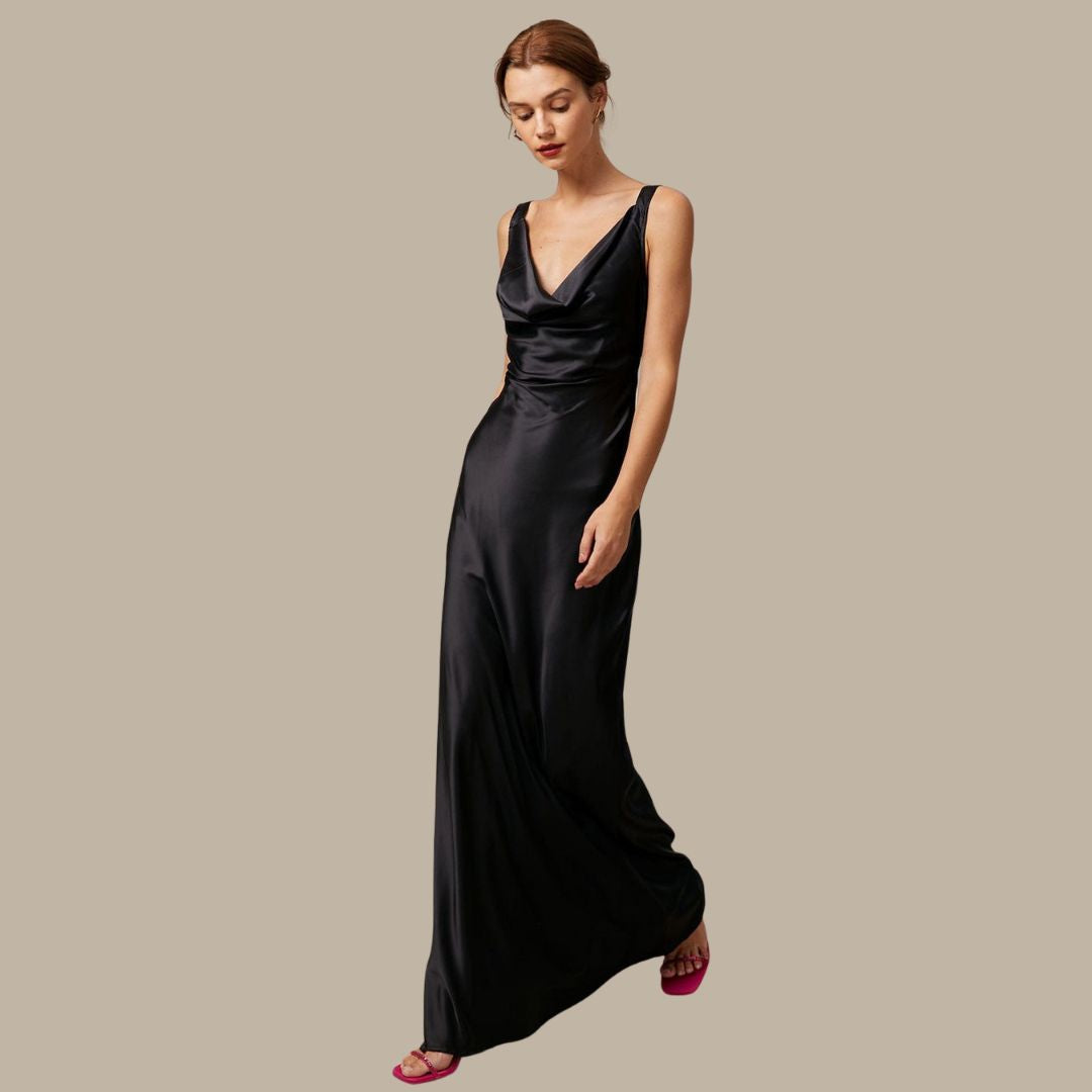 Valenzora | Satin-Maxikleid mit Wasserfallausschnitt