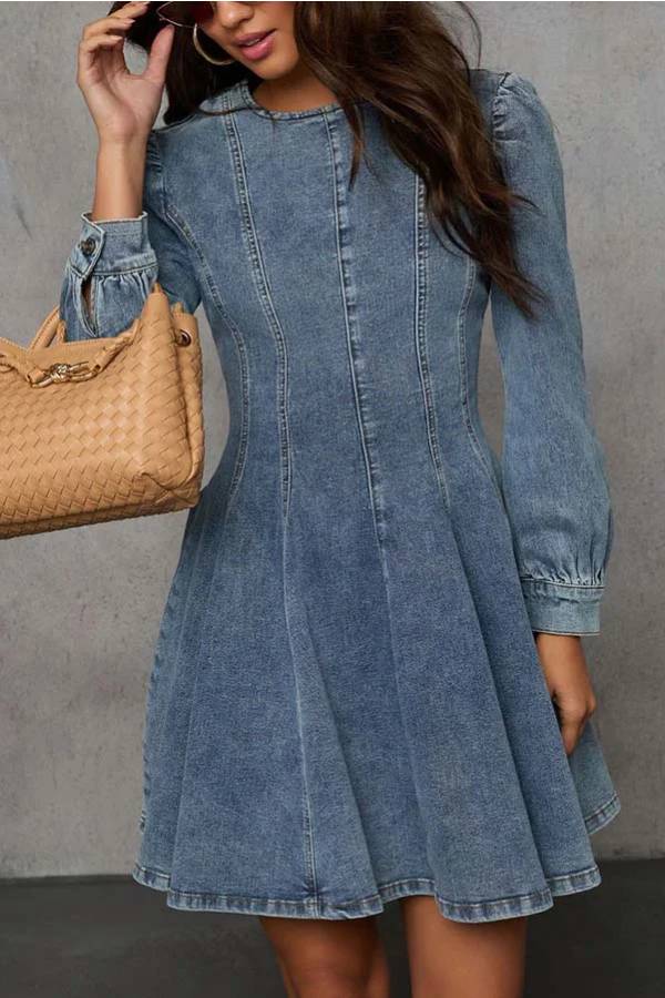 Valenzora | Fade Into You Denim Princess Line Back Zipper Flare Stretch Mini Dress