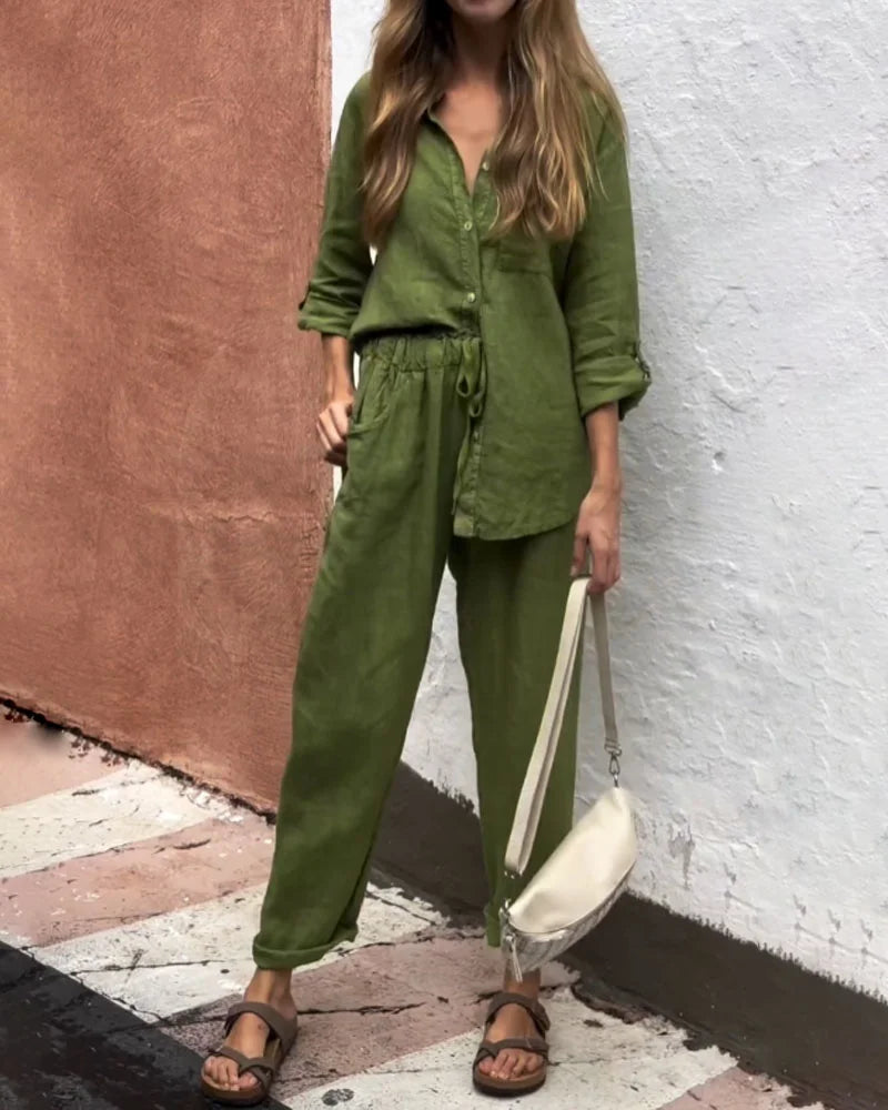 Valenzora | Casual V-neck shirt & trousers cotton-linen set