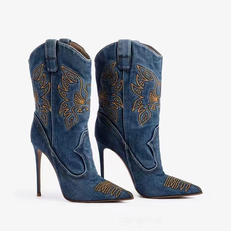 Valenzora | Damen-Fashion Western-Denim-Stil Stiefel mit hohen Absätzen