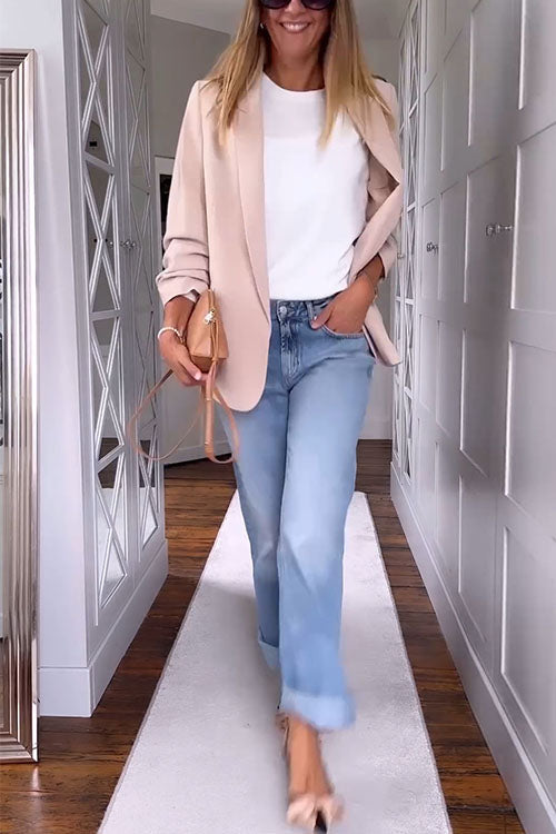 Valenzora | Ruffled Open Front Long Sleeve Apricot Blazer
