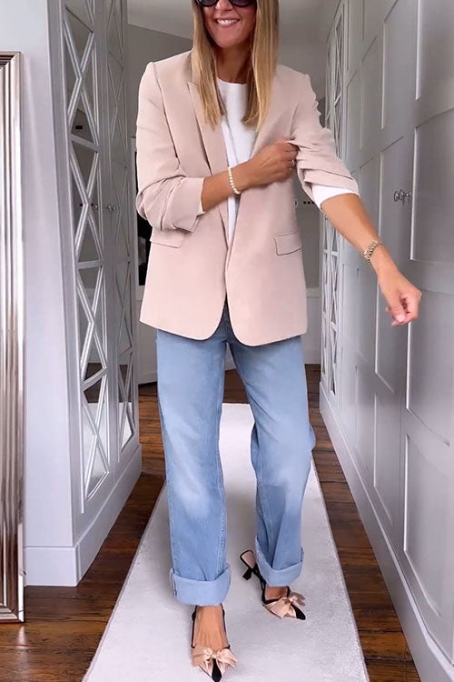 Valenzora | Ruffled Open Front Long Sleeve Apricot Blazer