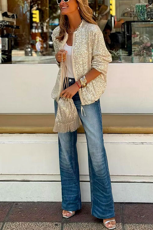 Valenzora | Rosiedress Rundhals-Paillettenjacke mit Reißverschluss