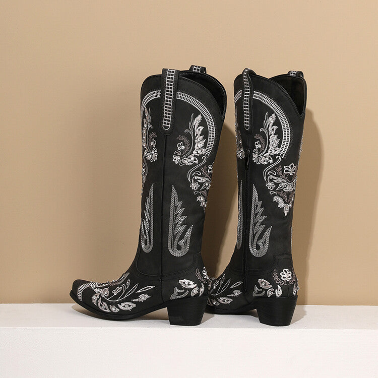 Valenzora | Embroidered Western Denim Retro Women's Knee-Length Boots
