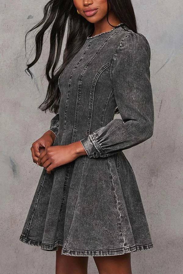 Valenzora | Fade Into You Denim Princess Line Back Zipper Flare Stretch Mini Dress