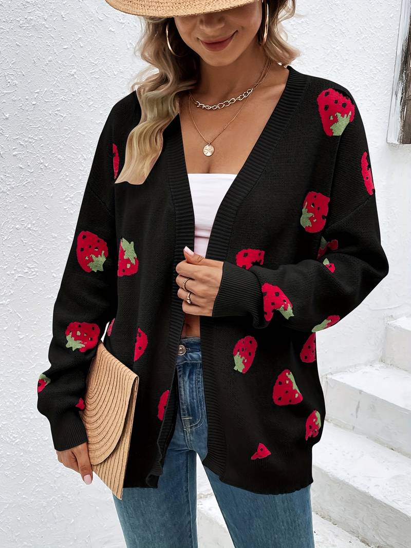 Langärmliger Cardigan mit Erdbeermuster für Herbst und Frühling