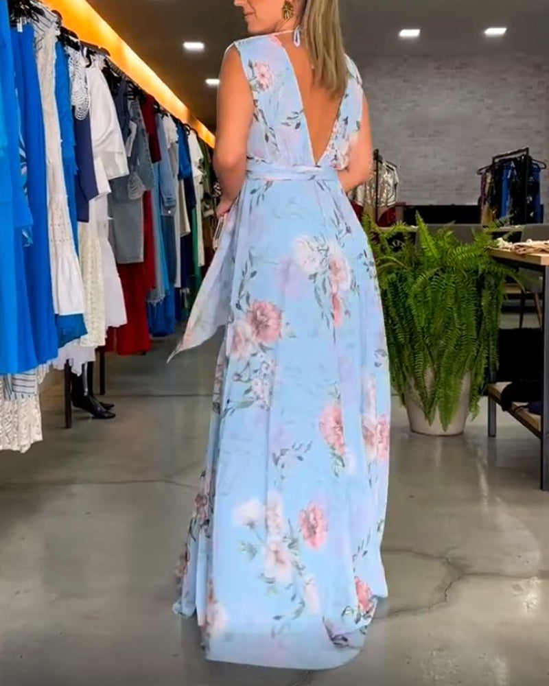 Valenzora | Elegant sleeveless V-neck floral print dress
