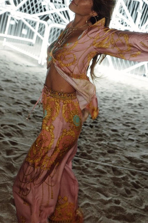 Valenzora | Rosiedress Einzigartiges Print Laternenärmel-Blusenhemd und Weite Beinhose Urlaub Outfit-Set