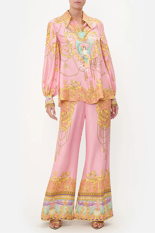 Valenzora | Rosiedress Einzigartiges Print Laternenärmel-Blusenhemd und Weite Beinhose Urlaub Outfit-Set