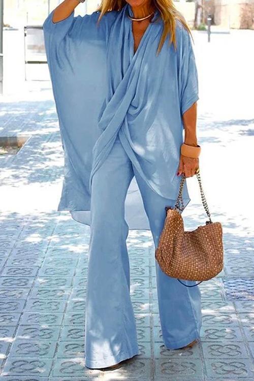 Valenzora | Rosiedress Cross Front Batwing Top Wide Leg Trousers Cotton Linen Set