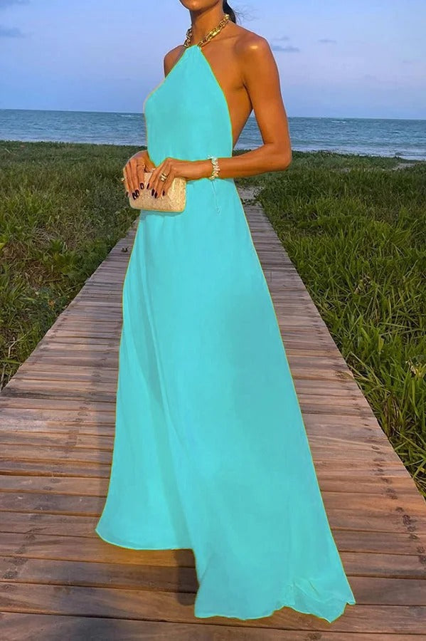 Valenzora | Sunny In Santorini Chain Halter Backless A-Line Holiday Maxi Dress
