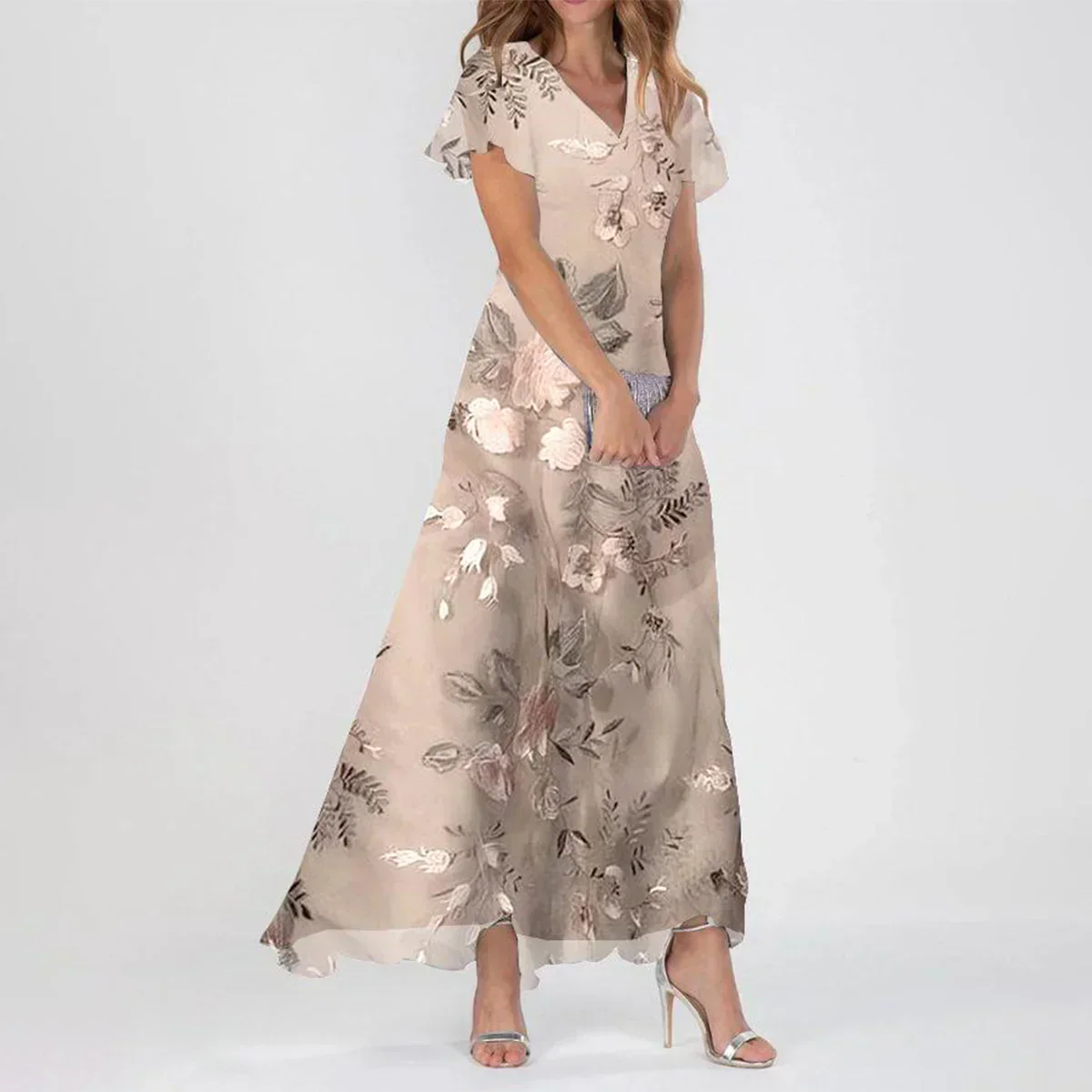 Valenzora | Stylish short-sleeved maxi dress with floral print