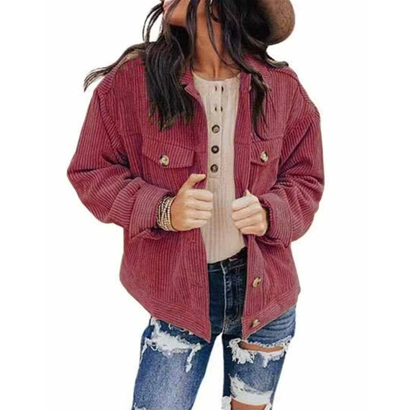 Valenzora | Women's Corduroy Oversized Jacket with Buttons and Chest Pockets