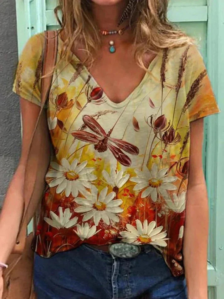 Valenzora | V-neck shirt with floral painting