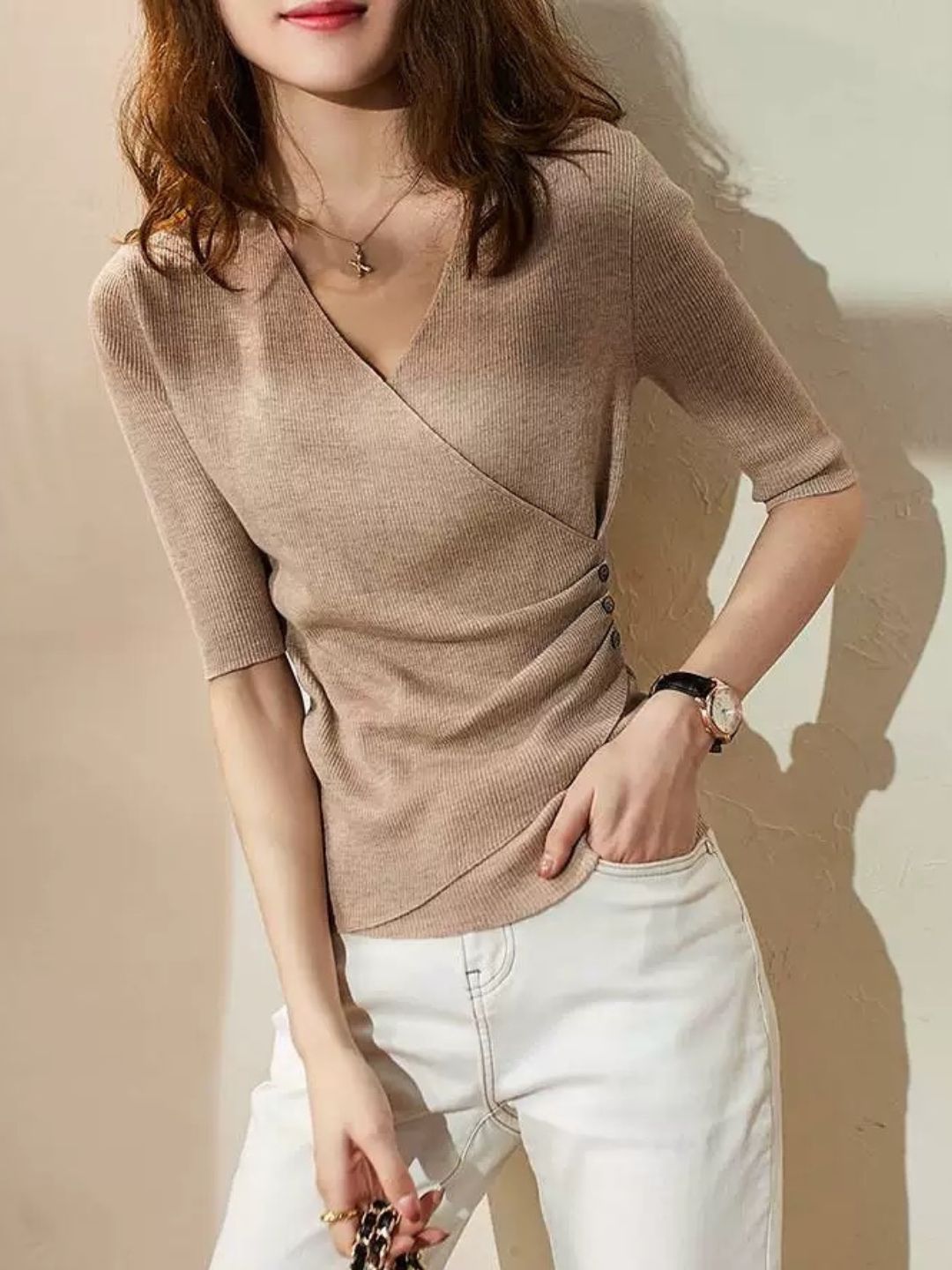 Valenzora | Casual V-neck solid color knit top green
