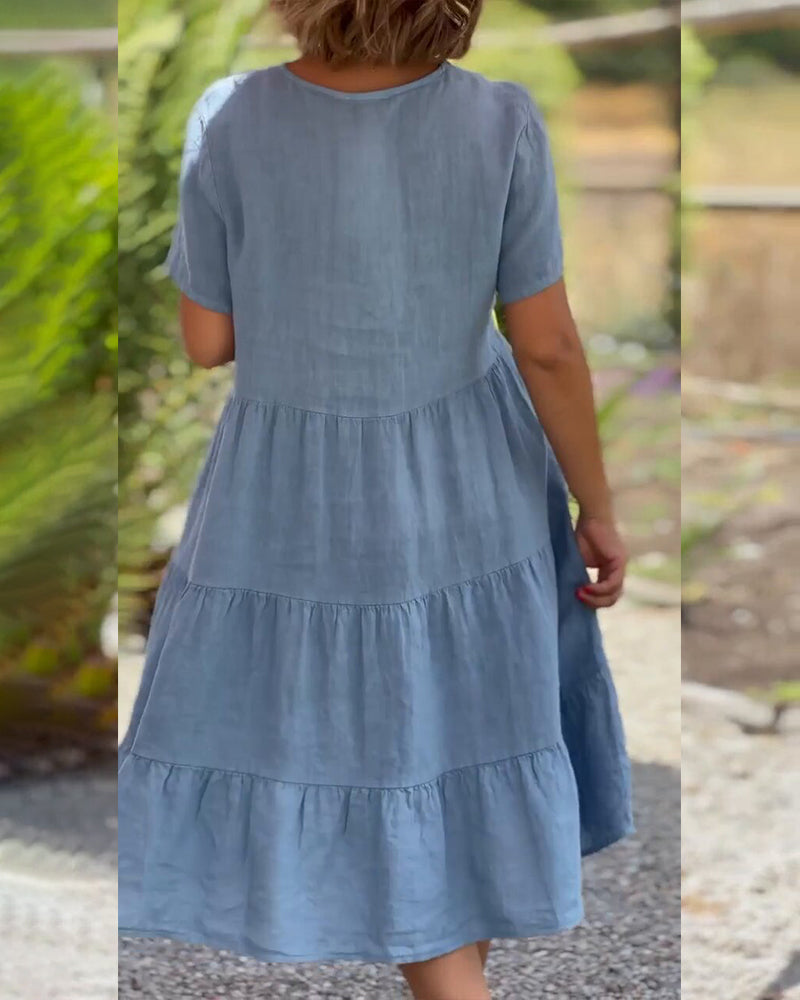 Valenzora | Plain cotton-linen dress with V-neck