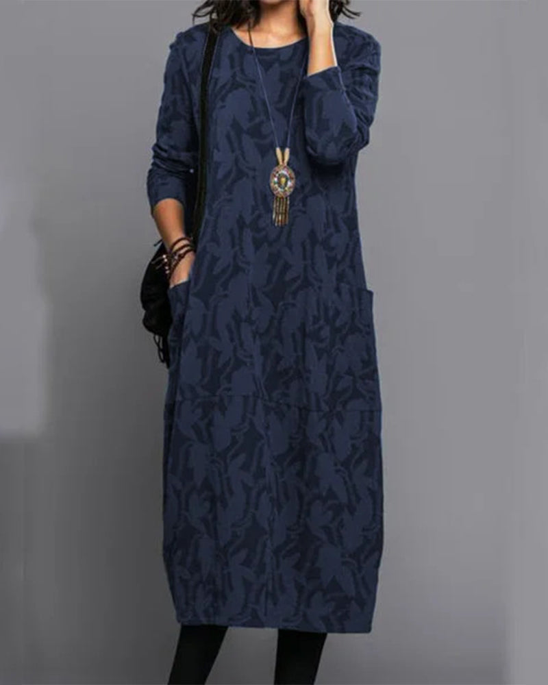 Valenzora | Bohemian Autumn Long Sleeve Printed Pocket Dress for Women