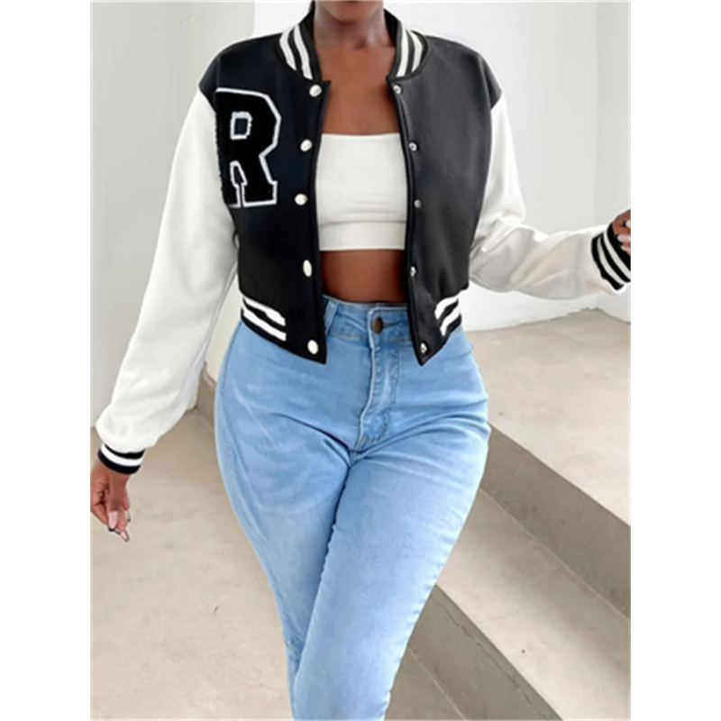 Valenzora | Varsity Bomber Jacket for Women, Short Model with Letter Patch and Snap Button Closure