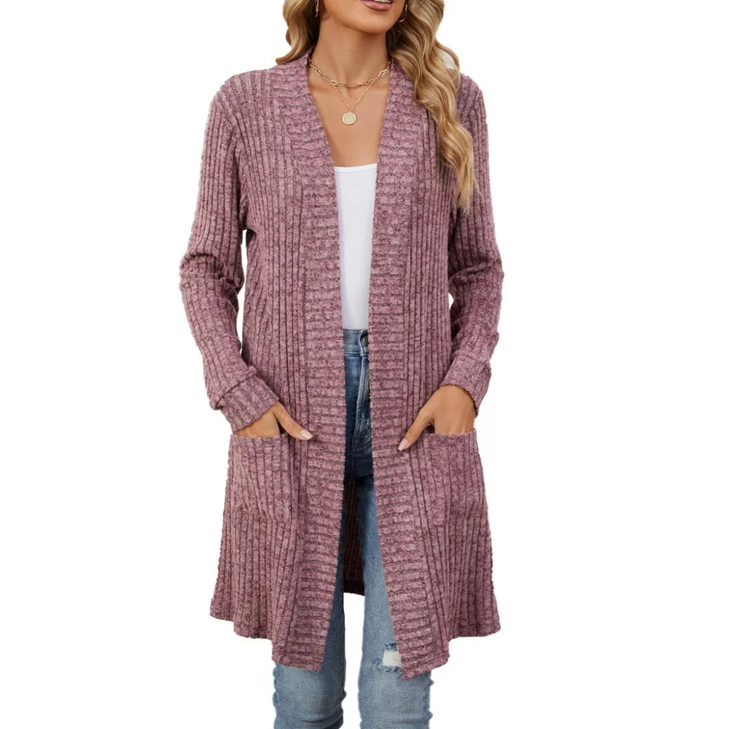 Valenzora | Langer gerippter Cardigan für Damen mit offener Vorderseite und Taschen
