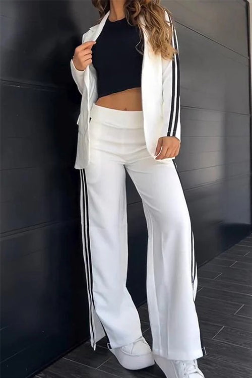 Valenzora | Rosiedress Color Block Open Front Blazer Elastic Waist Slit Wide Leg Trousers Set