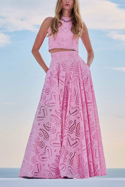 Valenzora | Rosiedress Spitzen-Hohlrundhals-Crop-Tanktop und High-Waist-Maxirock-Set