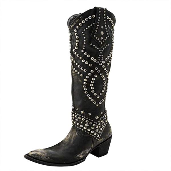 Valenzora - High Boots with Metal Studs and Chunky Heel
