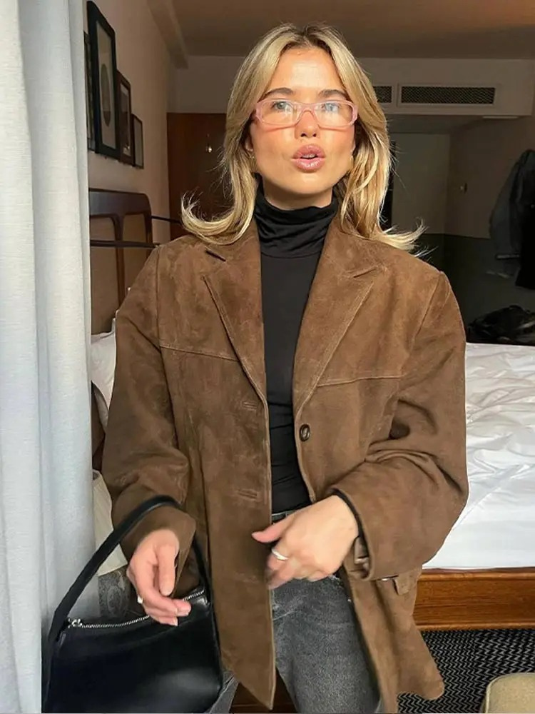Valenzora | Oversized Brown Suede Trench Coat With