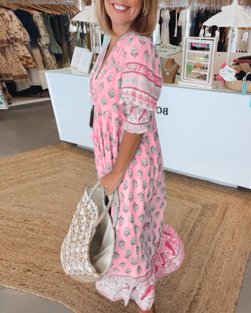Valenzora | Casual printed dress with V-neck and half-length sleeves