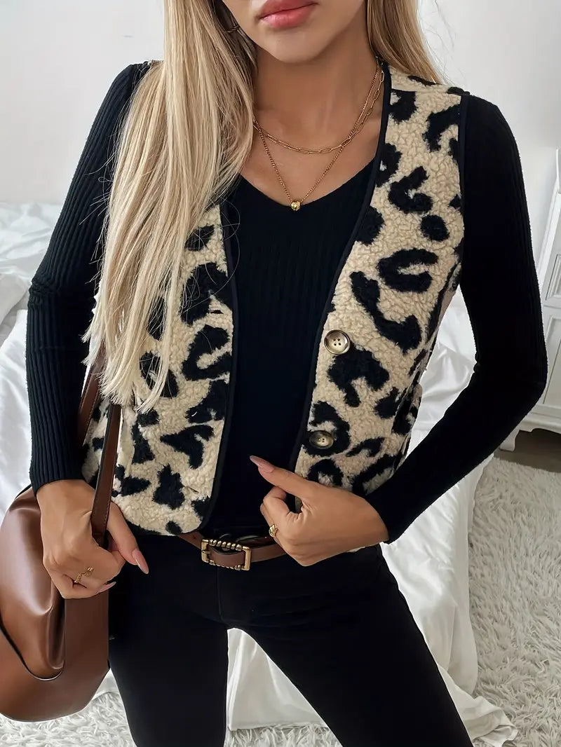 Valenzora | Sleeveless faux fur vest with leopard print for women