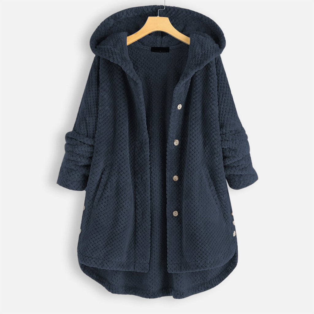 Mid-length, reversible fleece jacket with hood for winter