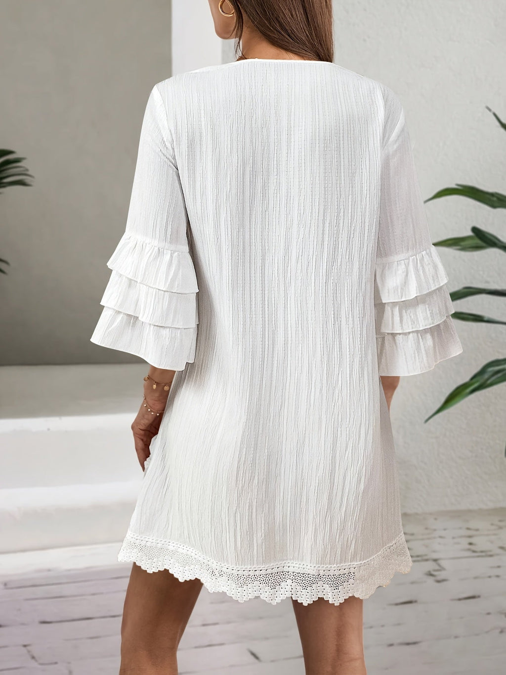 Valenzora | Women's dress with embroidery and pom-poms, 3/4 sleeves, white