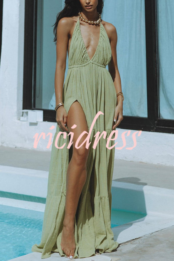 Valenzora – Neckholder maxi dress in a linen blend with a backless slit