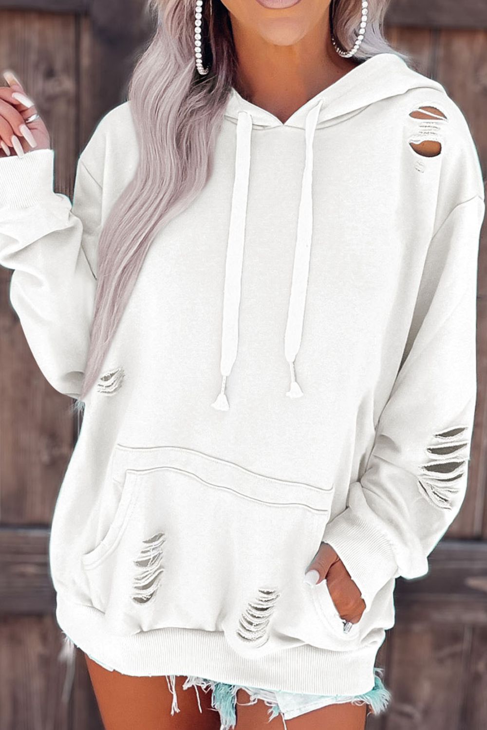 Valenzora | Zerfetzte Langarm-Kapuzenpullover mit Kordelzug
