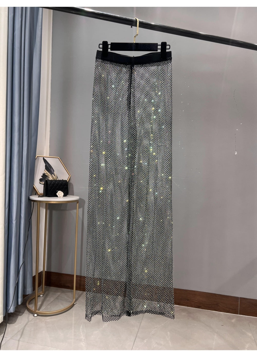 Valenzora | Rhinestone Straight Mesh Wide Leg Slim Fit Flattering Mop Pants