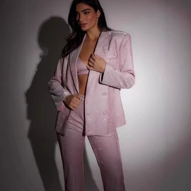 Valenzora | Shiny women's suit set with blazer and straight-leg trousers for parties