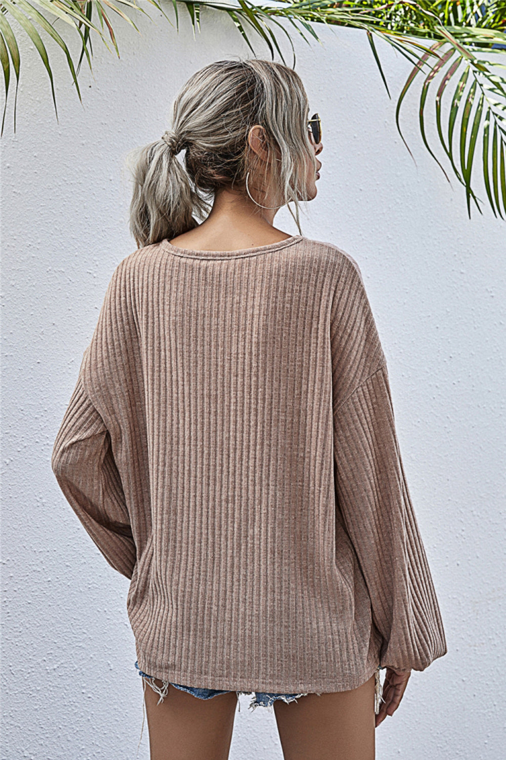 Valenzora Round Neck Lantern Sleeve Casual Knitted Top