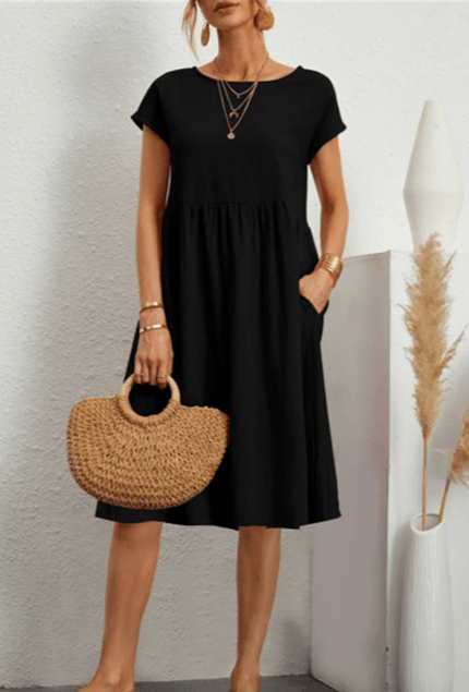 Valenzora | Kurzes Baumwoll-Leinen Midi-Kleid mit Ärmeln
