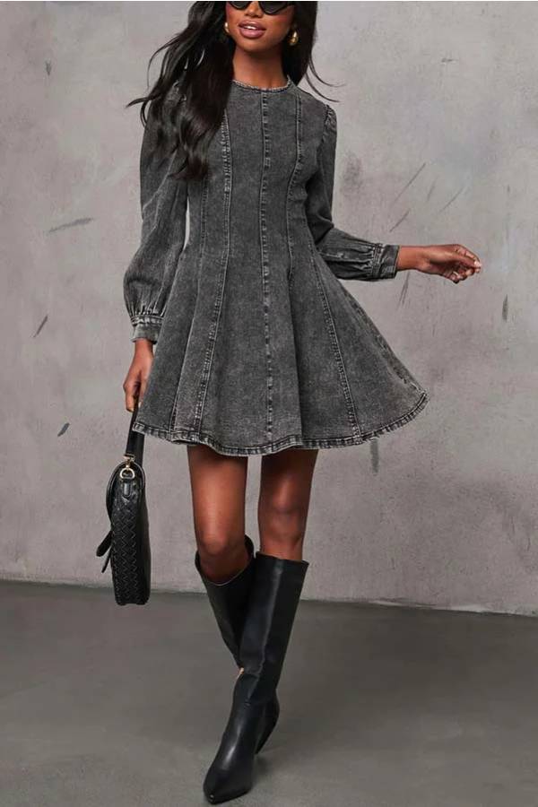 Valenzora | Fade Into You Denim Princess Line Back Zipper Flare Stretch Mini Dress