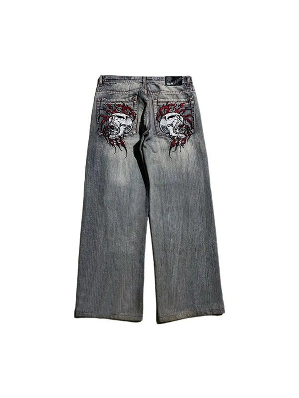 Valenzora | 2000s Boyfriend Baggy Jeans With Skull Embroidery