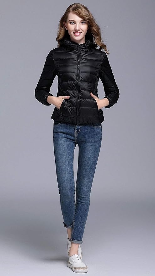 Valenzora | Women's Winter Down Jacket with Hood, White and Black - Foldable Down Jacket