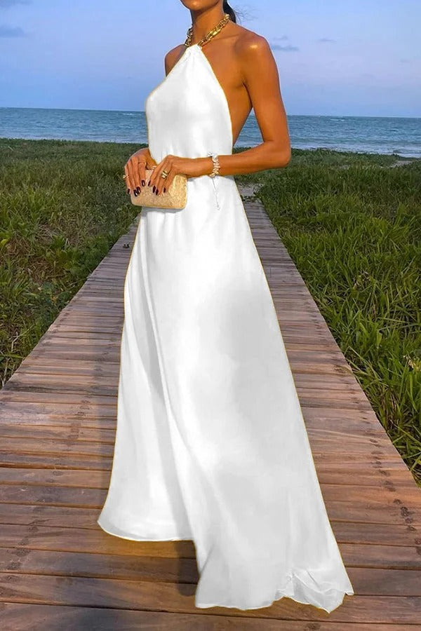 Valenzora | Sunny In Santorini Chain Halter Backless A-Line Holiday Maxi Dress