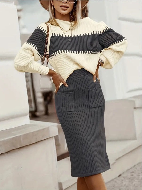 Valenzora | 1-piece knitwear set - long-sleeved sweater and slim midi skirt