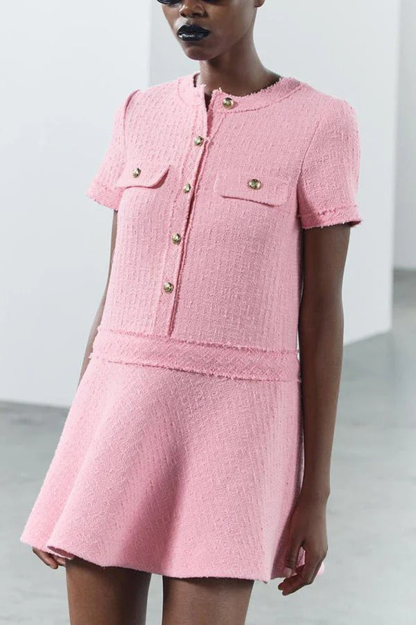 Valenzora | 1960s London Girl Tweed Textured Short-Sleeved Dress with Gold Buttons and Pockets