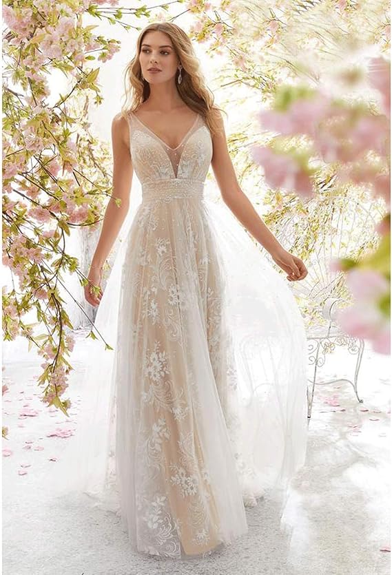 Valenzora | V-neck Sleeveless Lace Wedding Dress