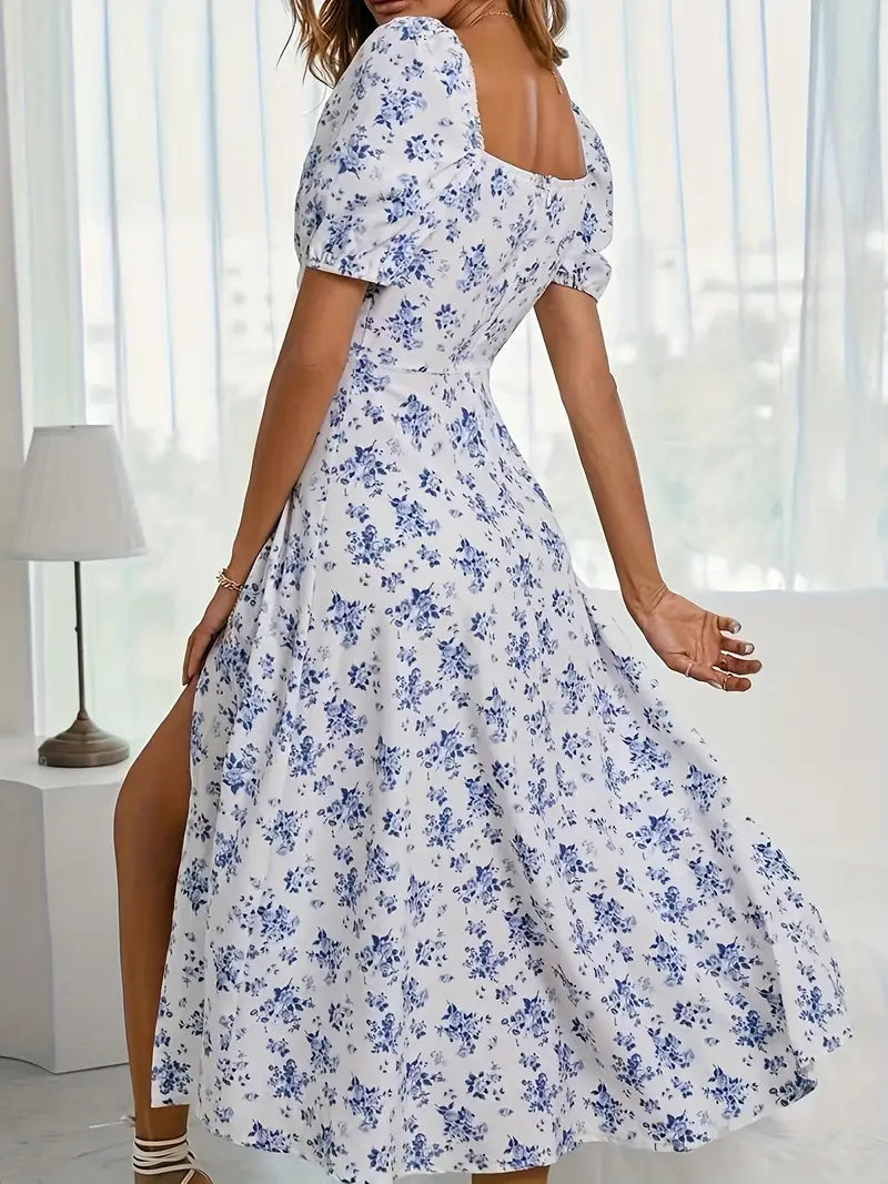 Valenzora | Chic dress with puff sleeves in an A-line style with floral print