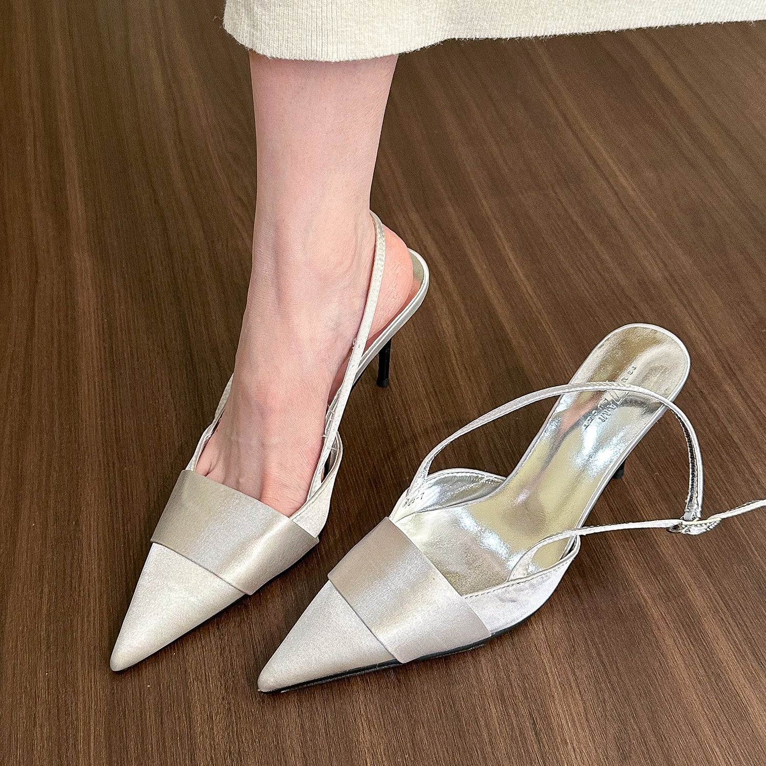 Valenzora | Women's Closed Toe Pointed Toe Silver Satin Sandals