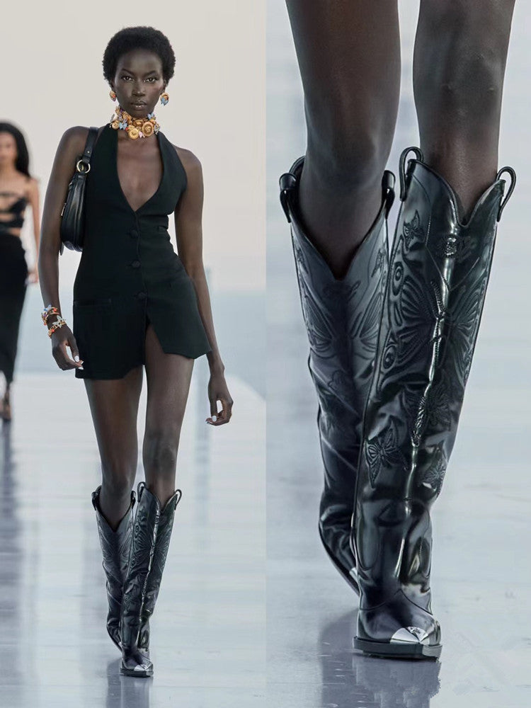 Valenzora | Women's High-Heeled Metal Pointed Toe Bow Embroidered Boots