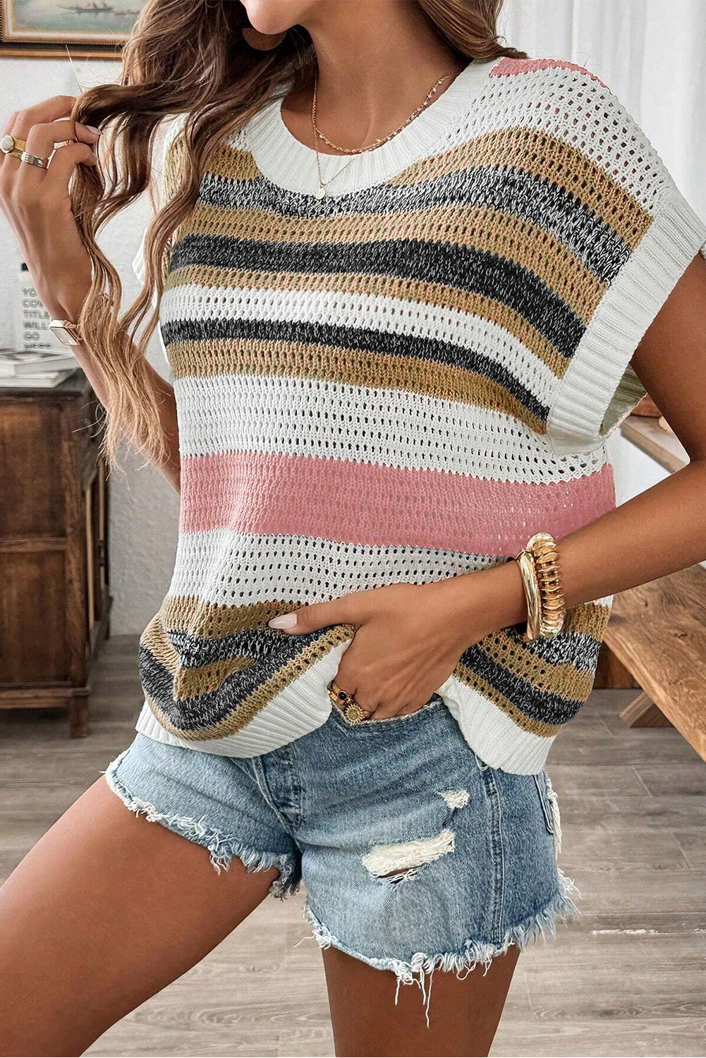 Valenzora | Women's color-blocked and openwork knit top